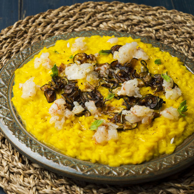 Risotto scamorza, zucchine scapece e Zafferano Leprotto