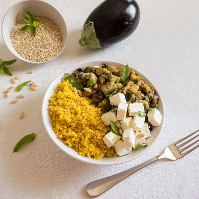 Quinoa, melanzane, feta e Zafferano Leprotto